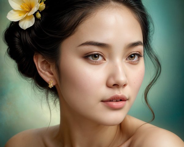 Close-Up Portrait of Young Woman with Flower Accent