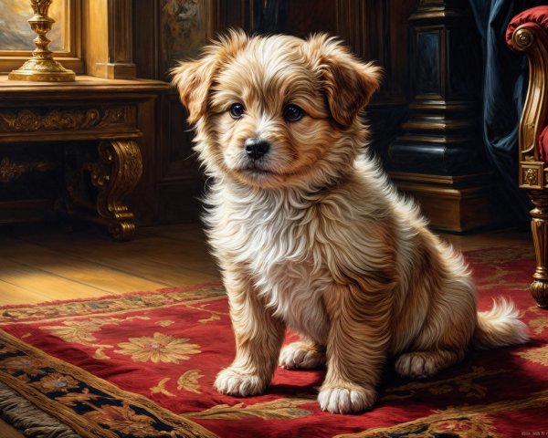 Fluffy Golden-Brown Puppy on Ornate Rug in Cozy Setting