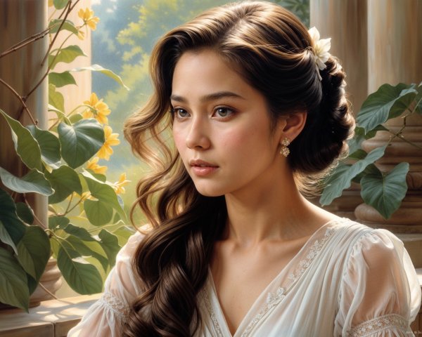 Young woman in lace dress amid blooming greenery