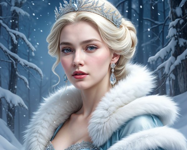 Young woman in icy-blue gown in snowy forest