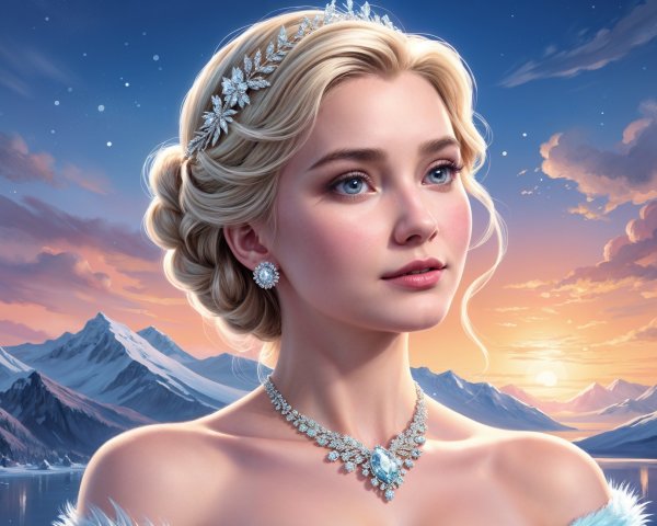 Young Woman in Tiara Against Mountain Sunset
