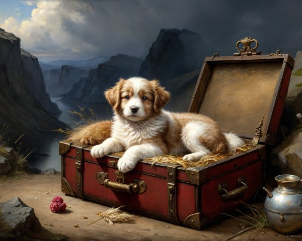 Fluffy Puppy on Red Suitcase in Mountain Landscape