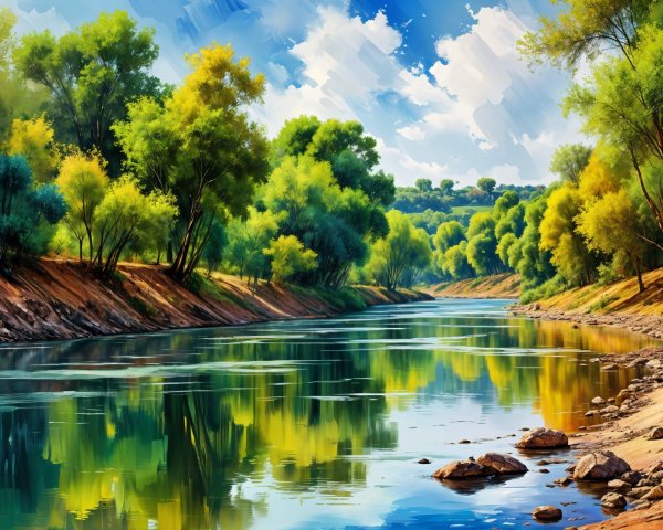 Tranquil River in Lush Green Landscape with Blue Sky