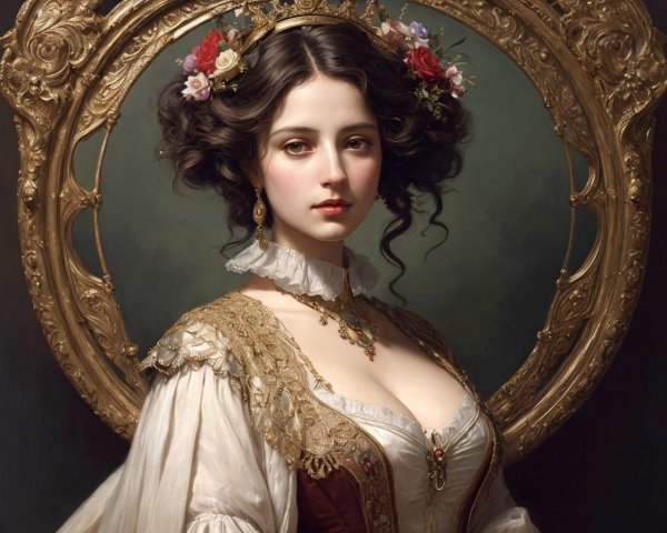 Young Woman in Historical Attire within Gilded Frame