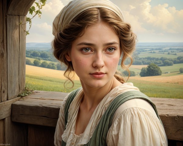 Young Woman Gazing from Rustic Window with Scenic View