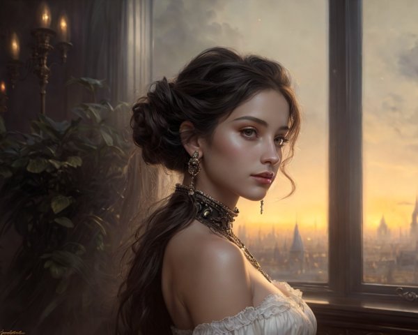 Sophisticated woman in vintage attire with updo against cityscape backdrop
