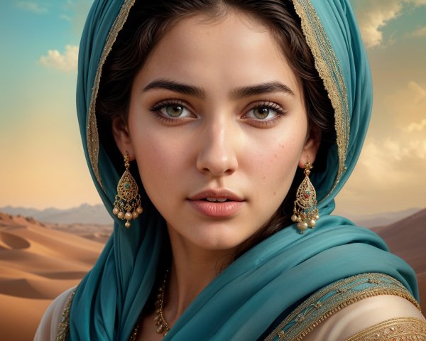 Young Woman with Green Eyes in Desert Landscape