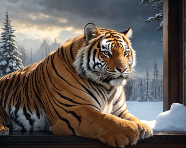 Majestic tiger by snowy window with pine trees.