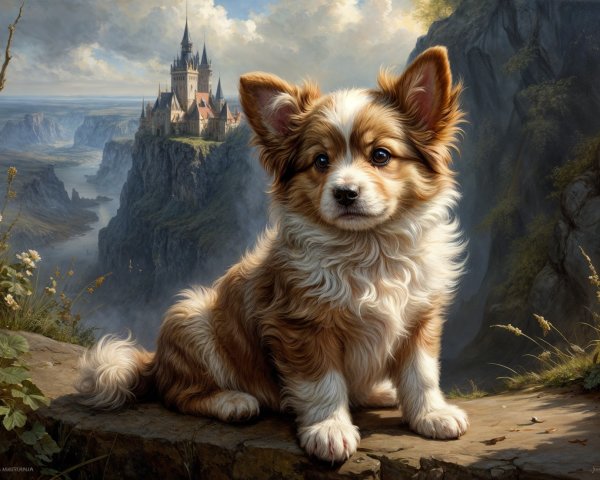 Fluffy Dog on Rocky Ledge with Castle and Valley View