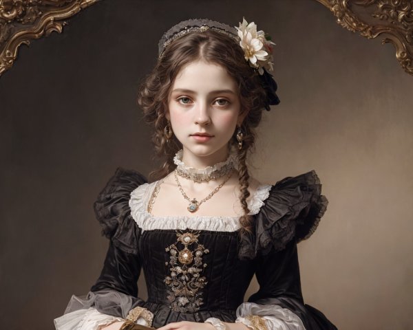 Elegant Young Woman in Vintage Gown with Lace Details