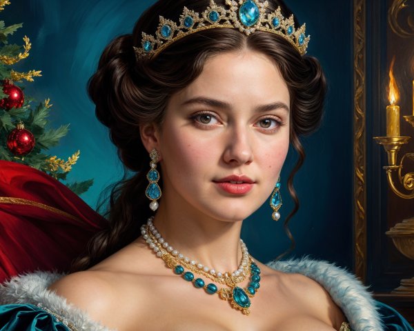 Regal Woman with Crown and Festive Christmas Decor