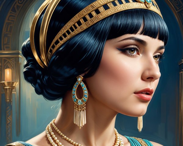 Young Woman in Historical Attire with Golden Headpiece