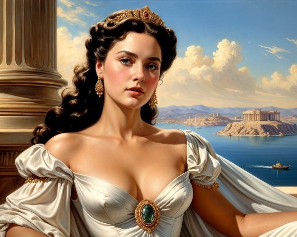 Regal Woman in Elegant Gown with Seascape Background