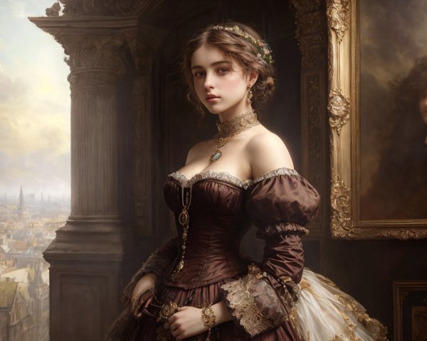 Victorian-era woman in embroidered dress with cityscape