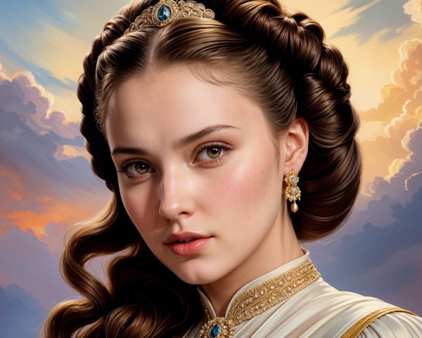 Elegant Young Woman in Detailed Gown and Tiara