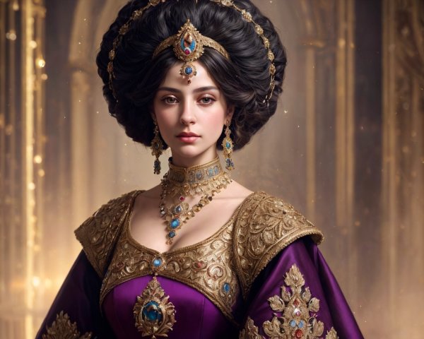 Regal figure in purple gown with gold detailing