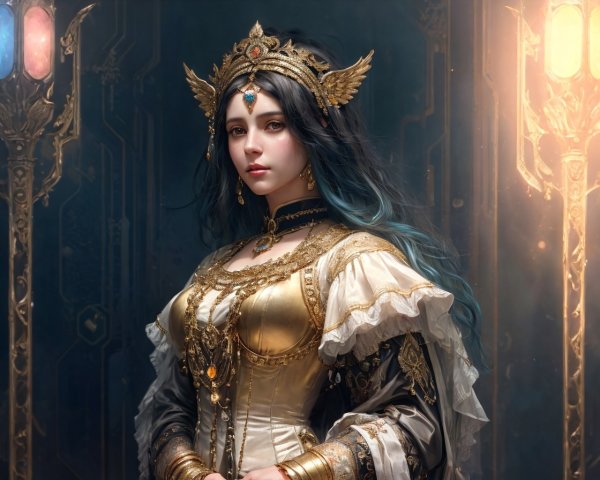 Regal figure in gold and white gown with crown