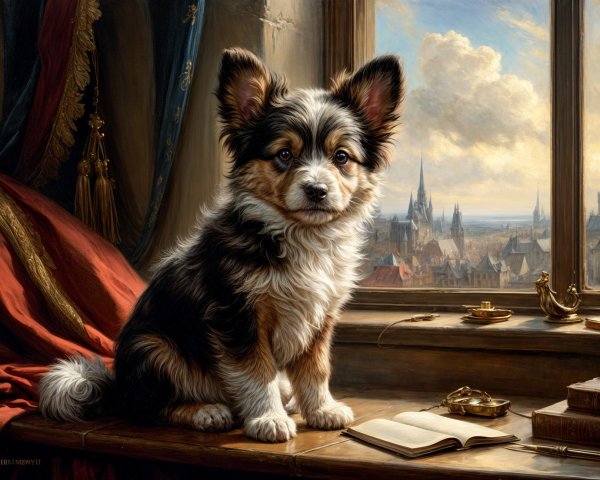 Fluffy Dog Observing Cityscape from Cozy Windowsill