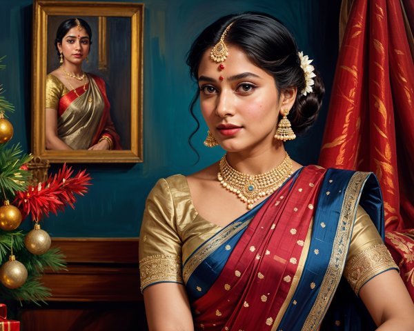 Woman in Red and Blue Saree with Traditional Jewelry