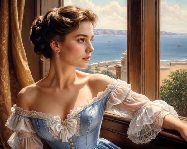 Young Woman in Vintage Gown by Coastal Window