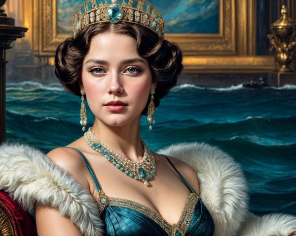 Elegant Young Woman in Luxurious Gown by Ocean Waves