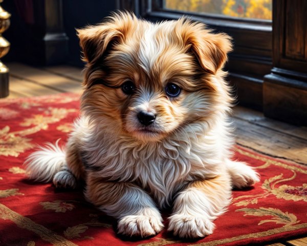 Fluffy Golden-Brown Puppy on Red Rug in Cozy Room