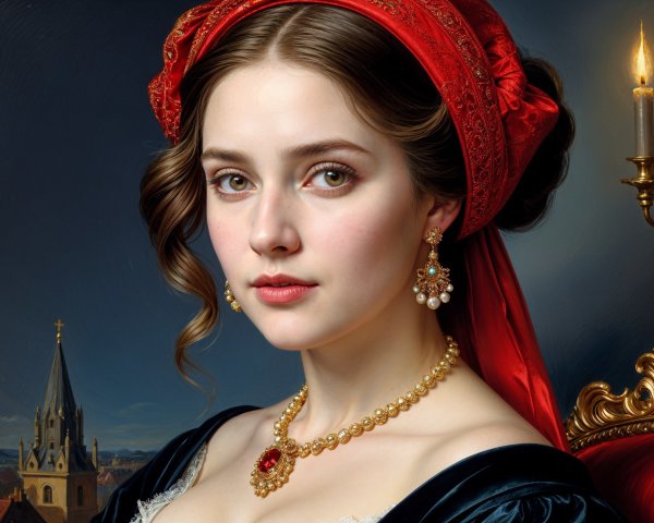 Elegant Woman in Black Gown with Red Headscarf