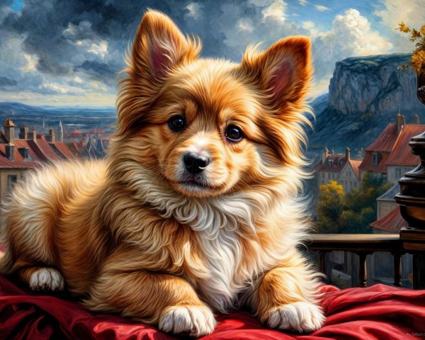 Golden Dog on Red Velvet with Scenic Background