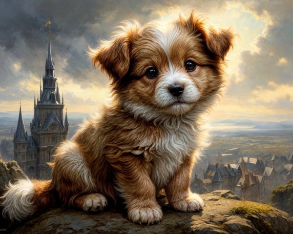 Fluffy Puppy on Rocky Ledge with Castle Background