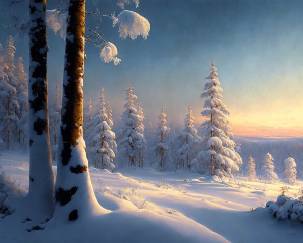 Serene snow-covered forest at sunset with warm light and untouched snowy landscape