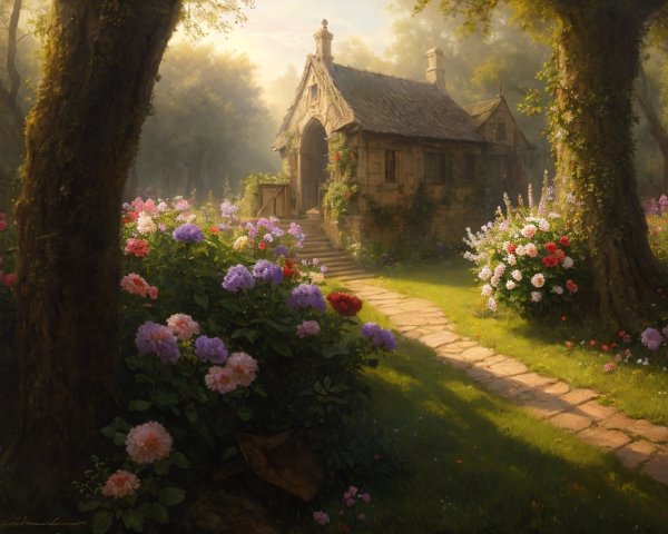 Thatched Roof Cottage in Lush Garden with Blooming Flowers