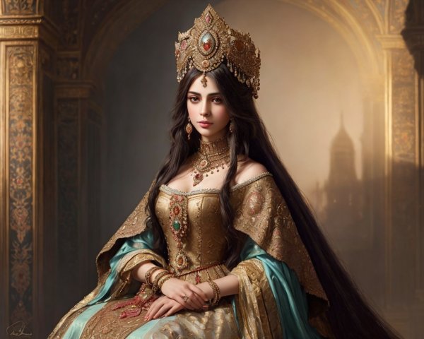 Regal Woman in Lavish Gown and Grand Crown