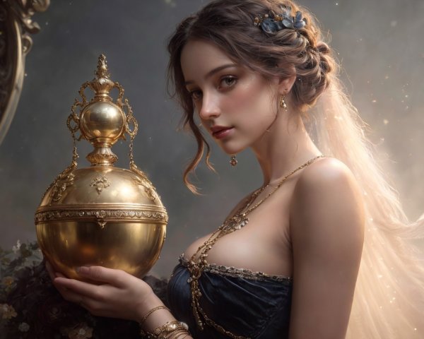 Woman in Vintage Gown with Golden Vessel and Blossoms