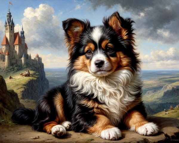 Charming Puppy with Castle and Idyllic Landscape Background