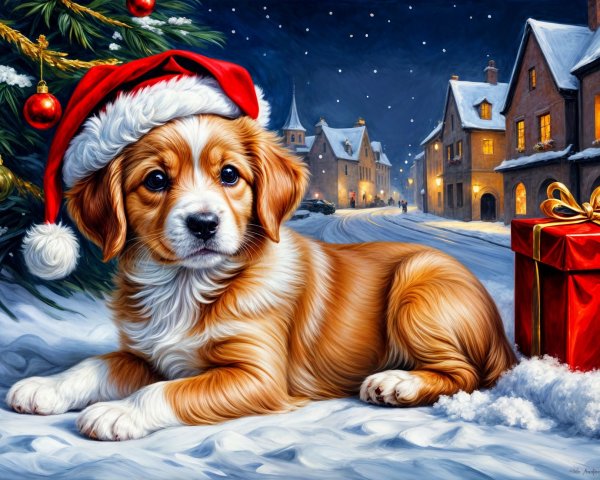 Puppy in Santa Hat Amid Snowy Holiday Scene