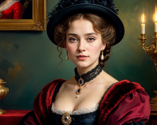 19th-Century Elegance in Red Gown and Accessories