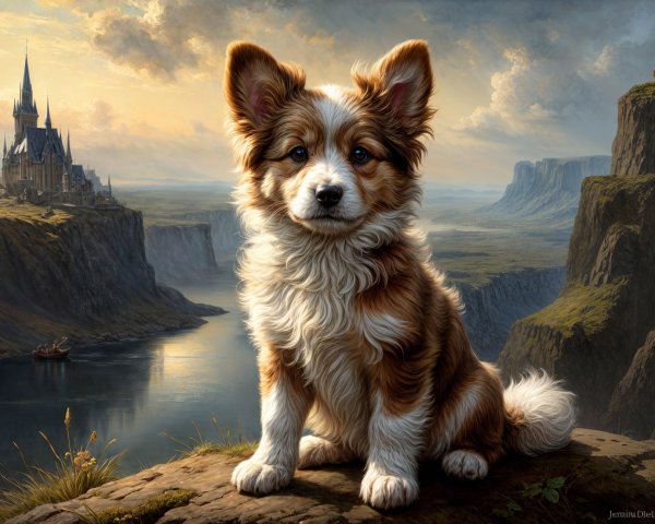 Fluffy Puppy on Rocky Outcrop with Castle Background