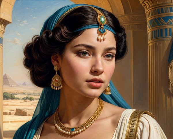 Young woman in ornate ancient attire with pyramids backdrop