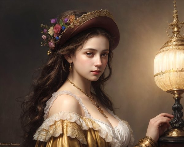 Young woman in golden historical dress with flower-adorned hat beside illuminated lamp.