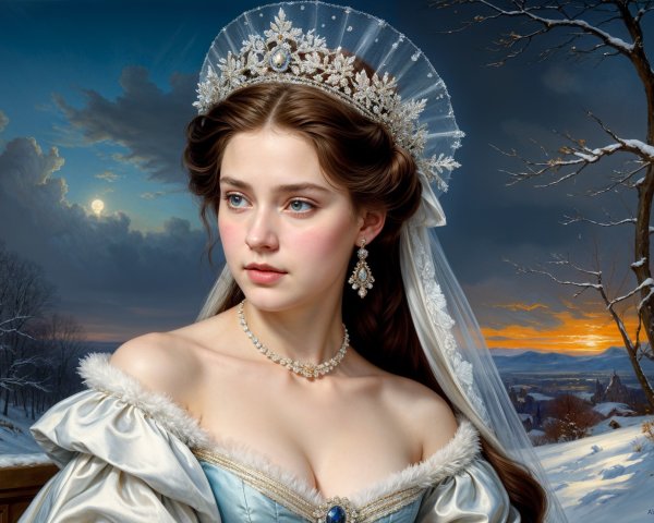 Young Woman in Elegant Icy-Blue Gown in Winter Scene