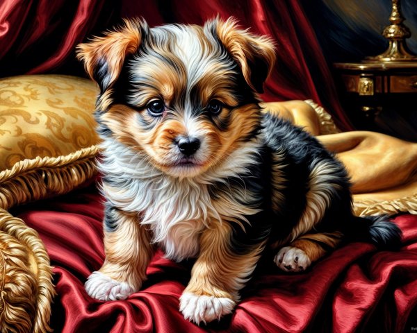 Fluffy Puppy on Rich Red and Gold Draped Surface