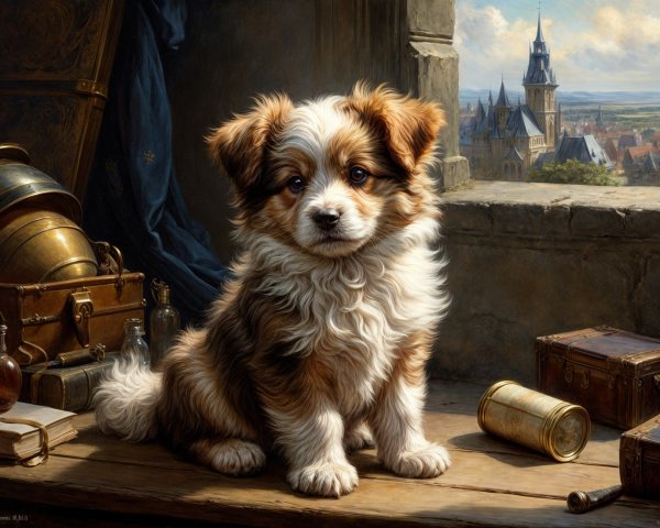 Fluffy Puppy on Wooden Surface with Historic Town View
