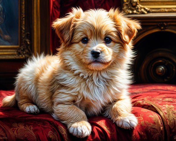 Golden-brown puppy on red-velvet cushion with decor