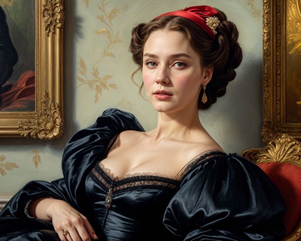 Elegant Young Woman in Black Gown with Rich Backdrop