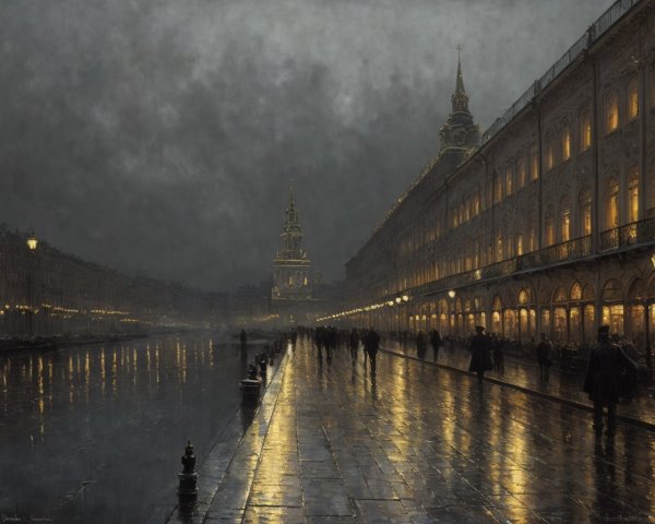 Historic square on rainy evening with people, umbrellas, ornate buildings, tower, cloudy sky