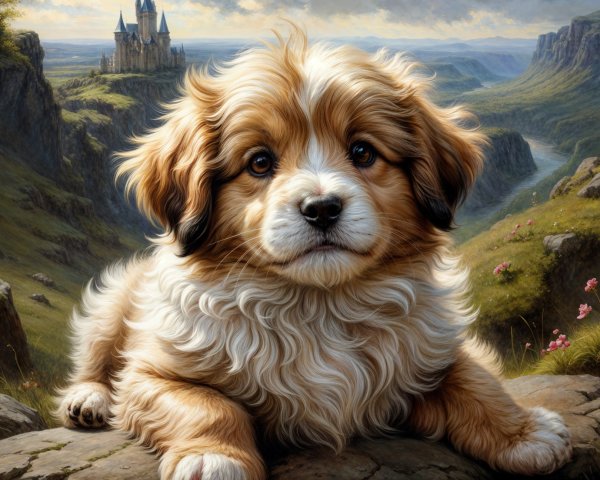 Fluffy Puppy on Rocky Ledge with Castle Background