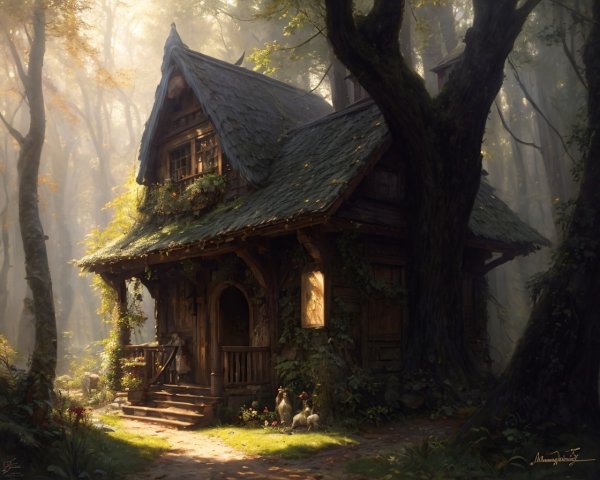 Cottage Surrounded by Misty Forest and Greenery