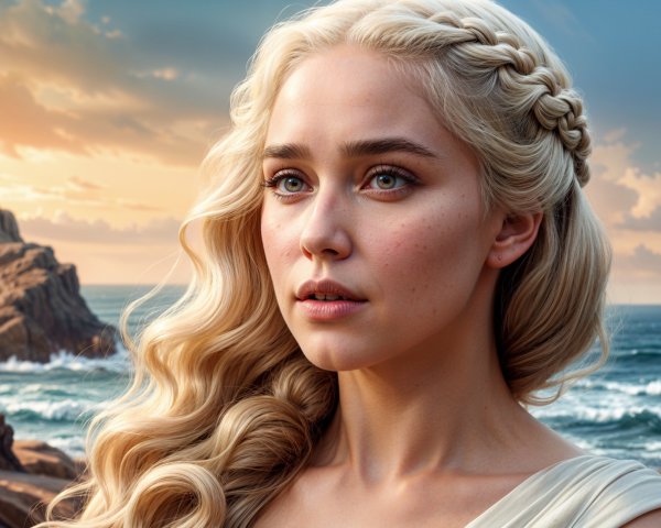 Young woman with braided blonde hair by the coast