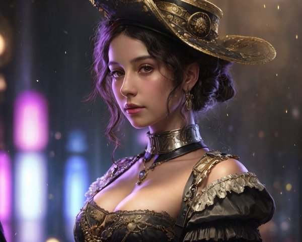 Steampunk Woman in Victorian-Inspired Attire with Hat
