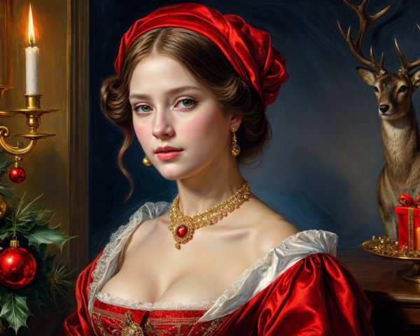 Elegant Woman in Red Dress with Holiday Decor